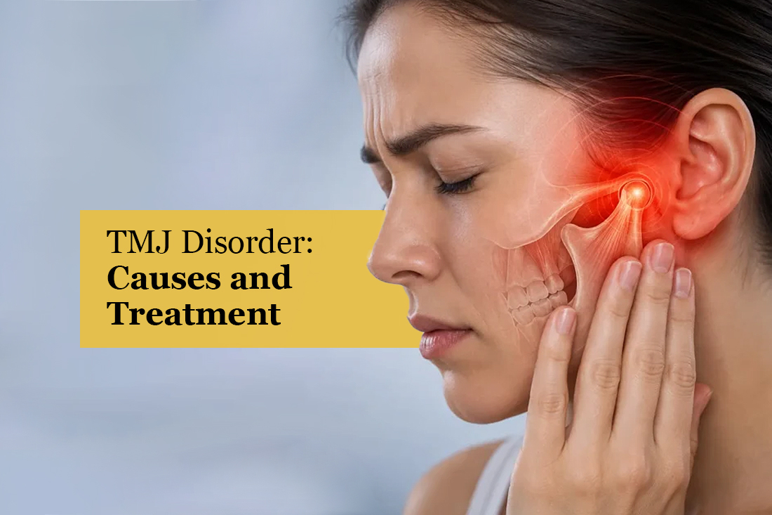 Woman holding her jaw with pain highlighted near the ear joint