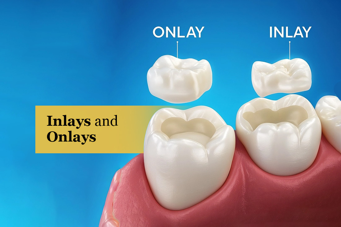 Inlays and Onlays: illustration of an onlay and an inlay being placed on molars